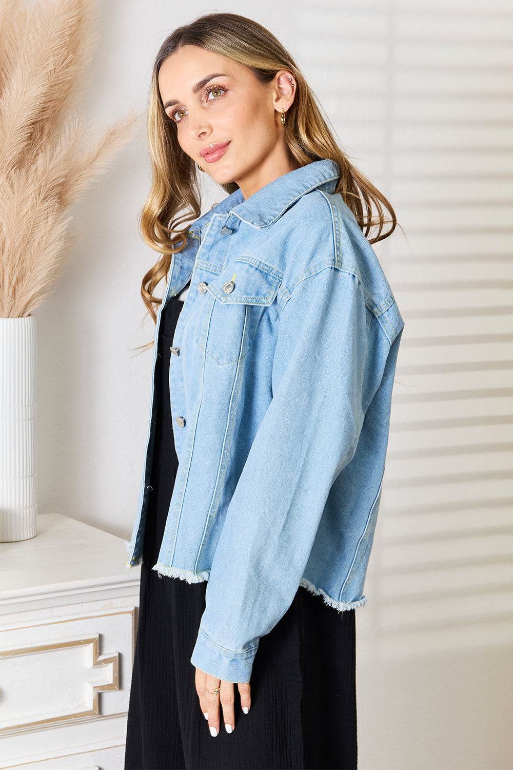 Double Take Dropped Shoulder Raw Hem Denim Jacket - Hovatok