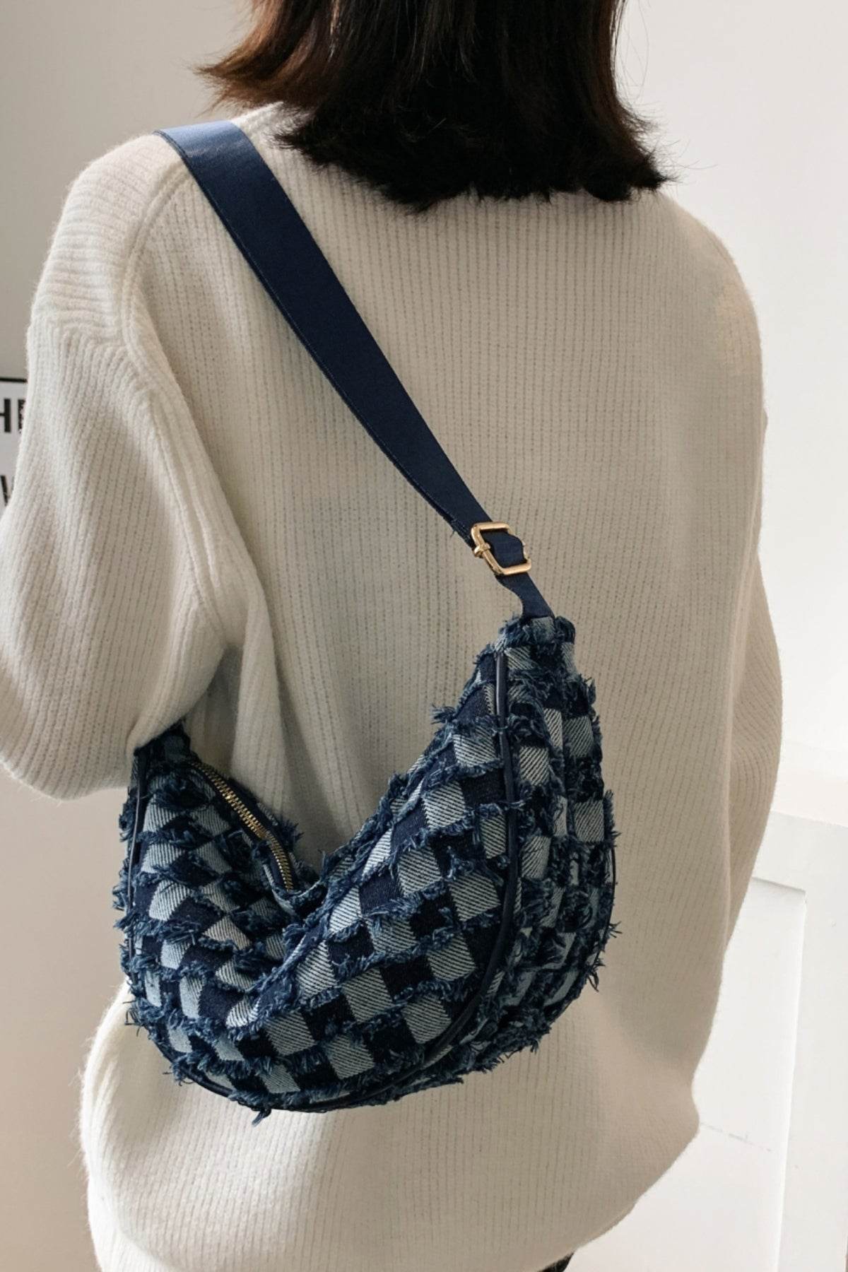 Raw Hem Checkered Denim Crossbody Bag - Hovatok