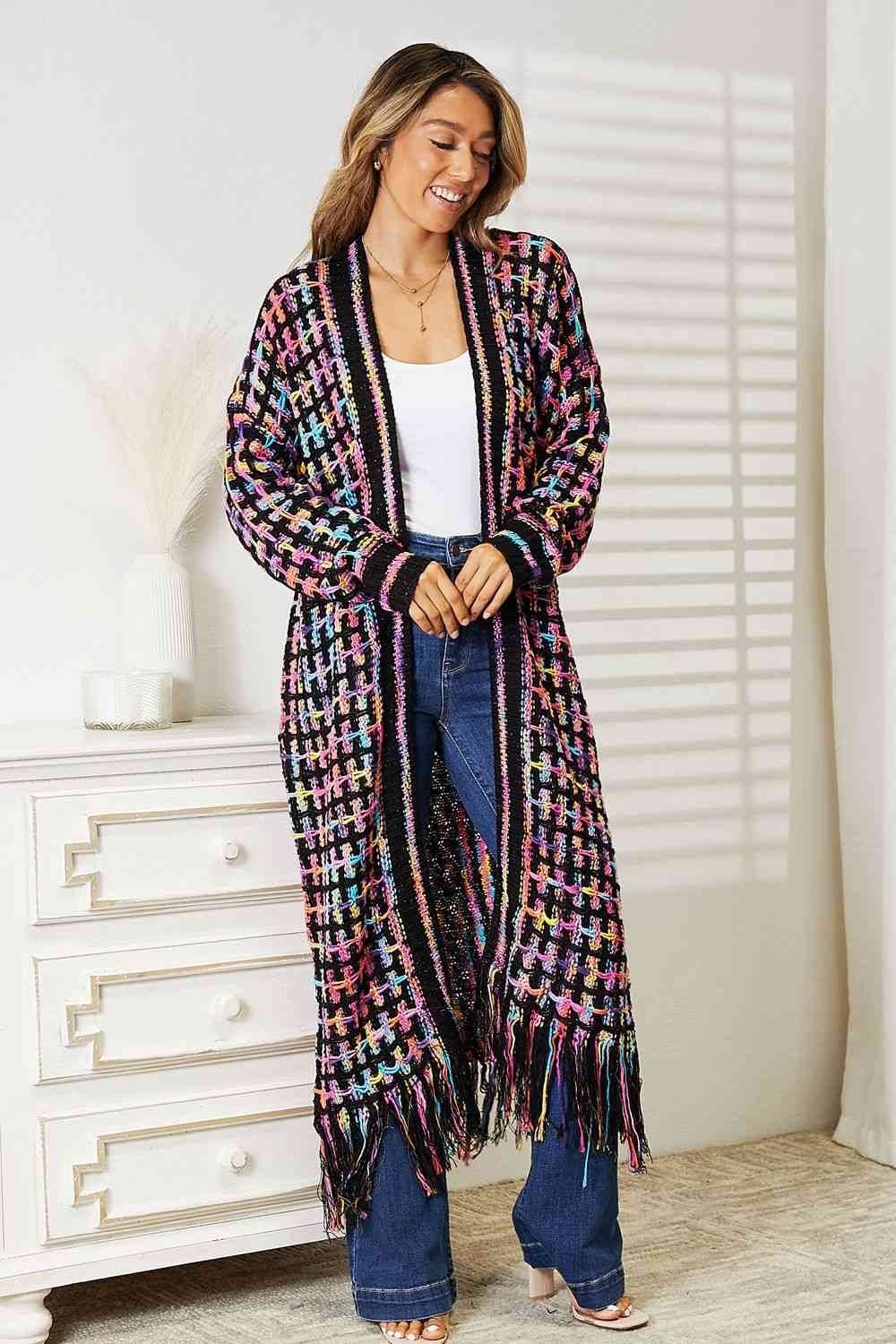 Angel Wings Full Size Multicolored Open Front Fringe Hem Cardigan - Hovatok