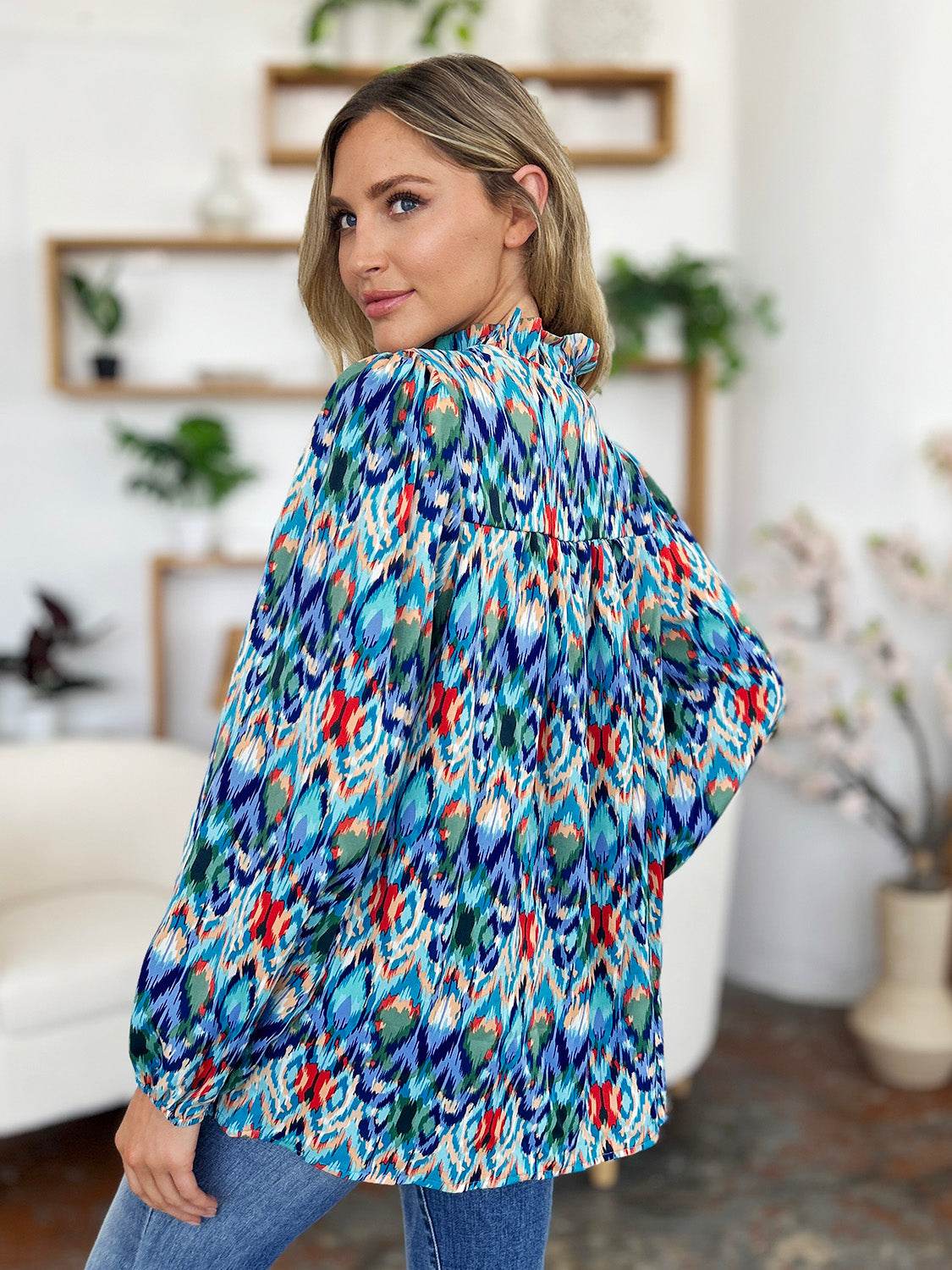 Double Take Full Size Printed Balloon Sleeve Blouse - Hovatok