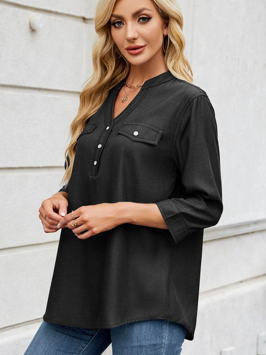 Notched Three-Quarter Sleeve Denim Top - Hovatok