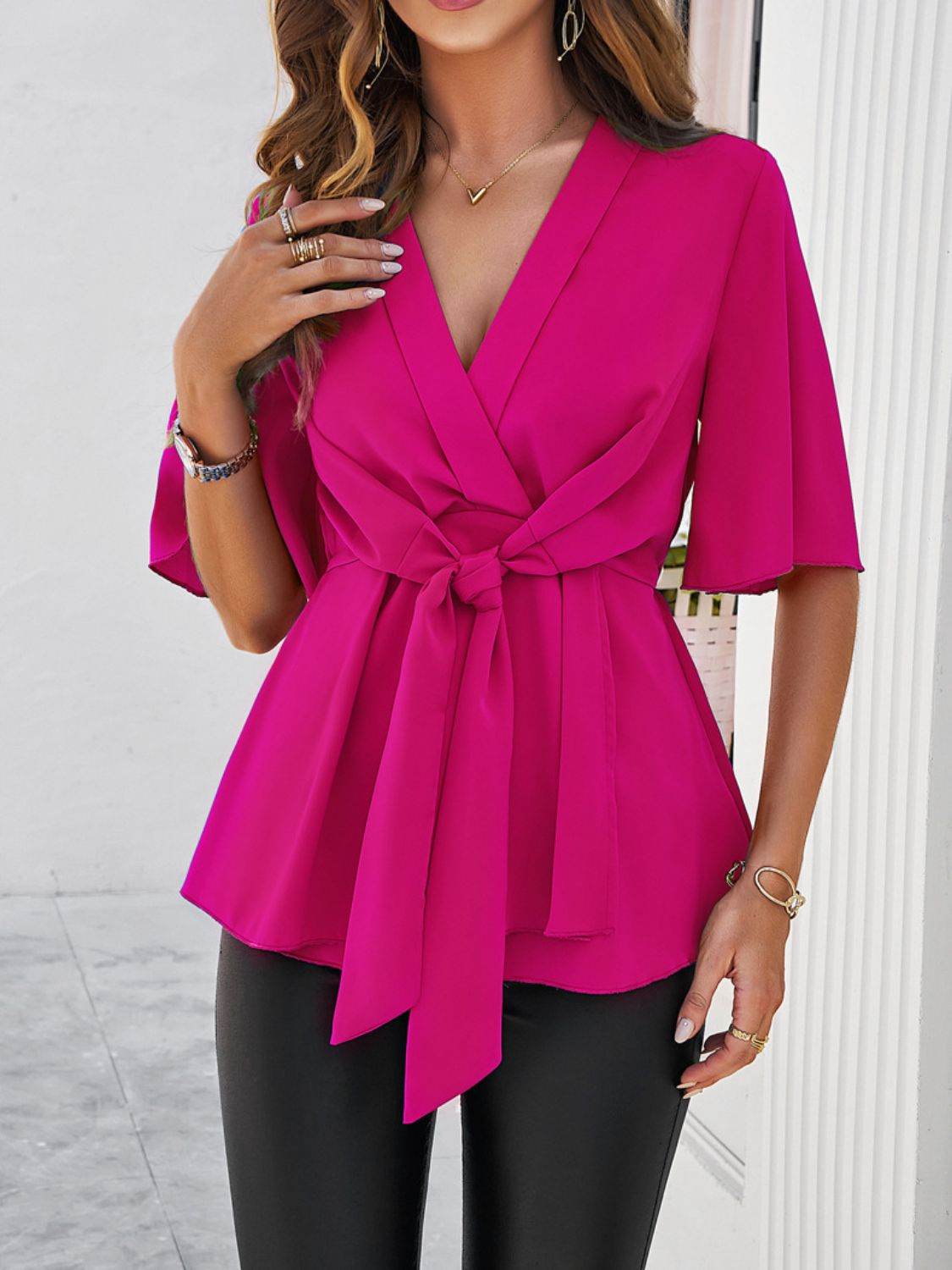 Devine Tied Front Peplum Blouse - Hovatok