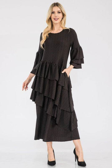 Celeste Full Size Honey Comb Asymmetrical Ruffle Midi Dress Plus Size - Hovatok