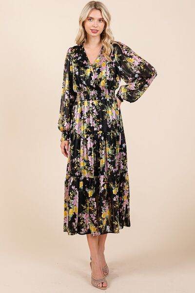 Mittoshop Flower Print Satin Lurex Stripe Smocked Midi Dress - Hovatok