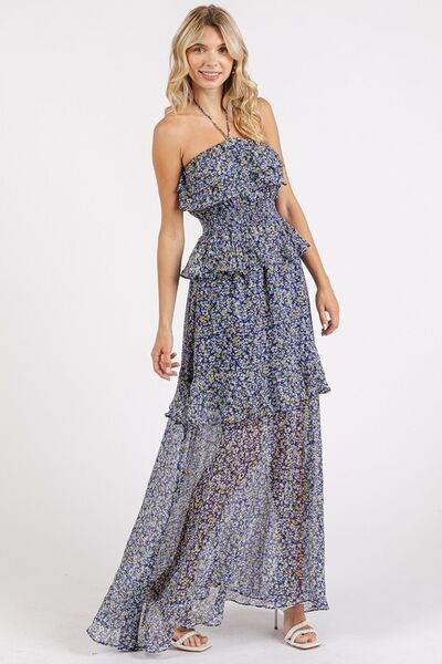 Mittoshop Ruffled Smocked Floral Halter Neck Maxi Dress - Hovatok