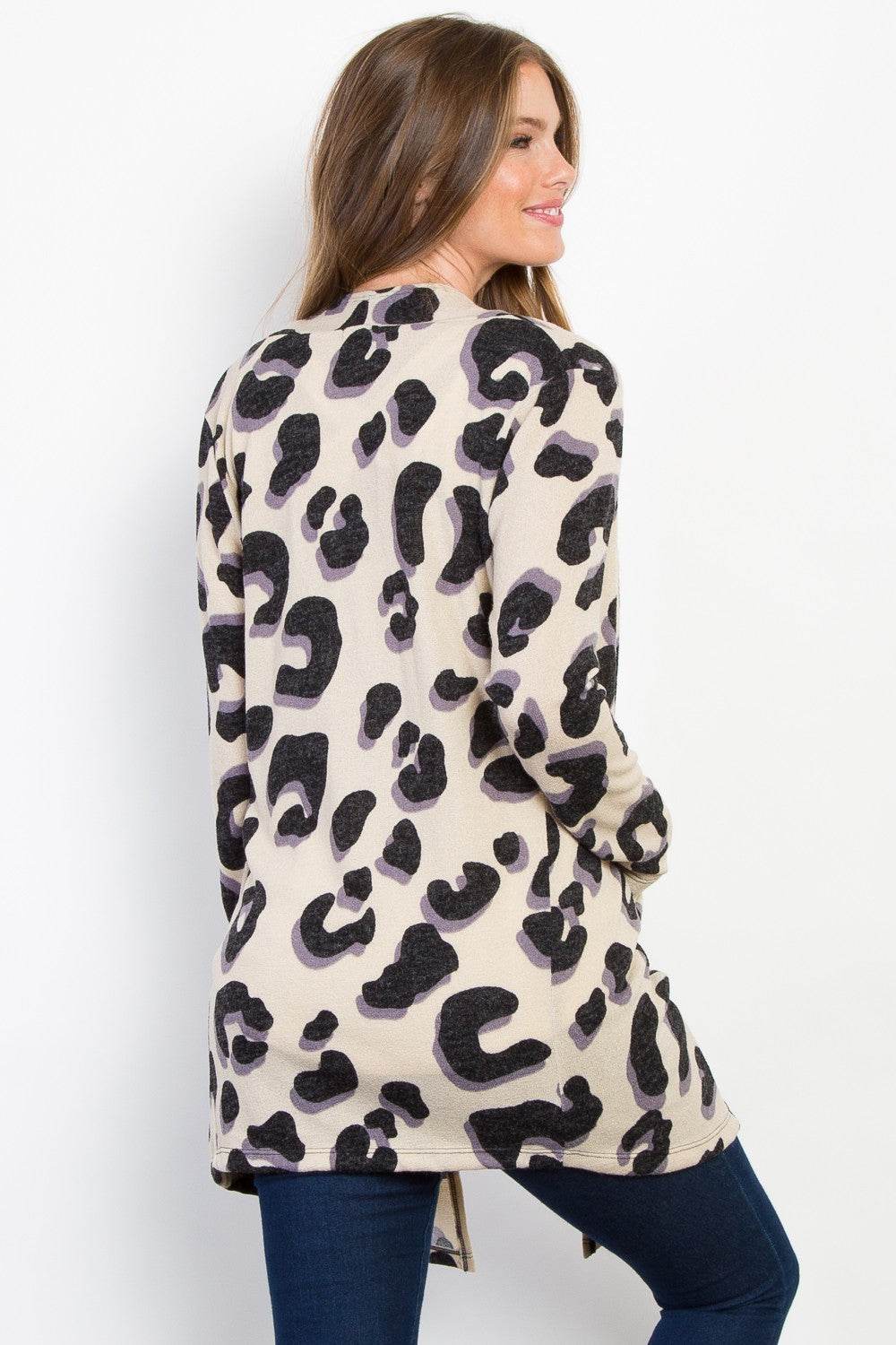 Be Stage Printed Open Front Knit Cardigan with Pockets - Hovatok