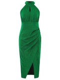 Slit Ruched Mock Neck Sleeveless Dress - Hovatok