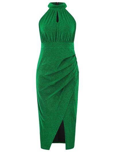 Slit Ruched Mock Neck Sleeveless Dress - Hovatok
