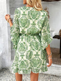 Devine Printed Surplice Ruffled 3/4 Sleeve Mini Dress - Hovatok