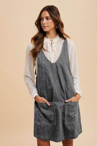 Annie Wear V-Neck Adjustable Strap Denim Overall Dress with Pockets - Hovatok