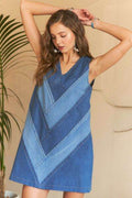 ADORA Chevron Color Block V-Neck Denim Dress - Hovatok