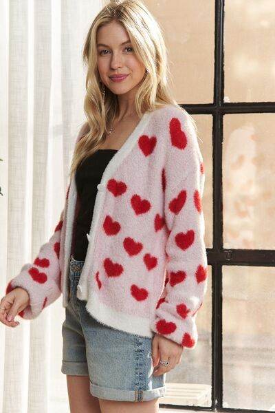 ADORA Fuzzy Heart Button Down Cardigan - Hovatok
