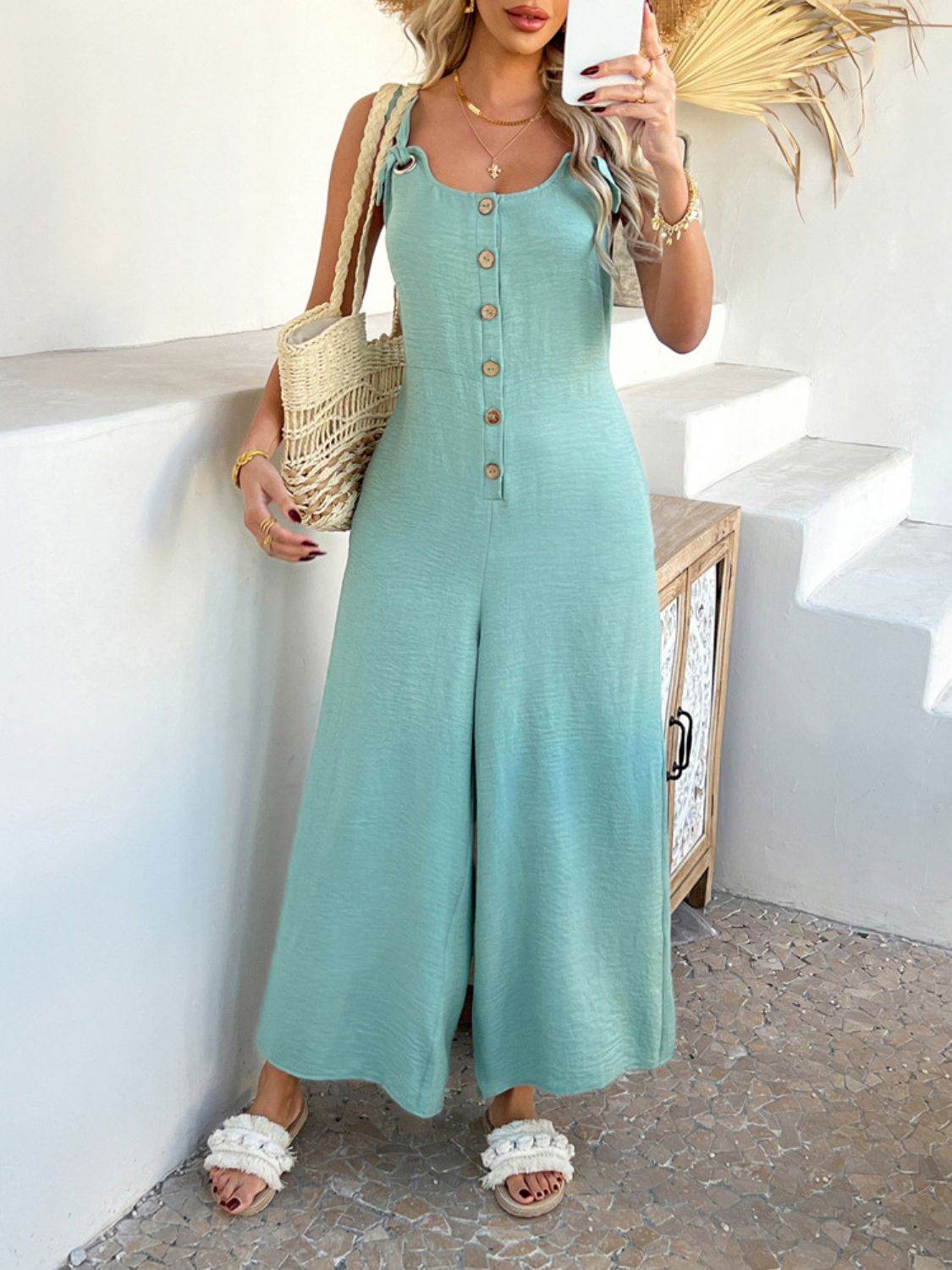 Devine Button Front Knotted Strap Wide Leg Jumpsuit - Hovatok