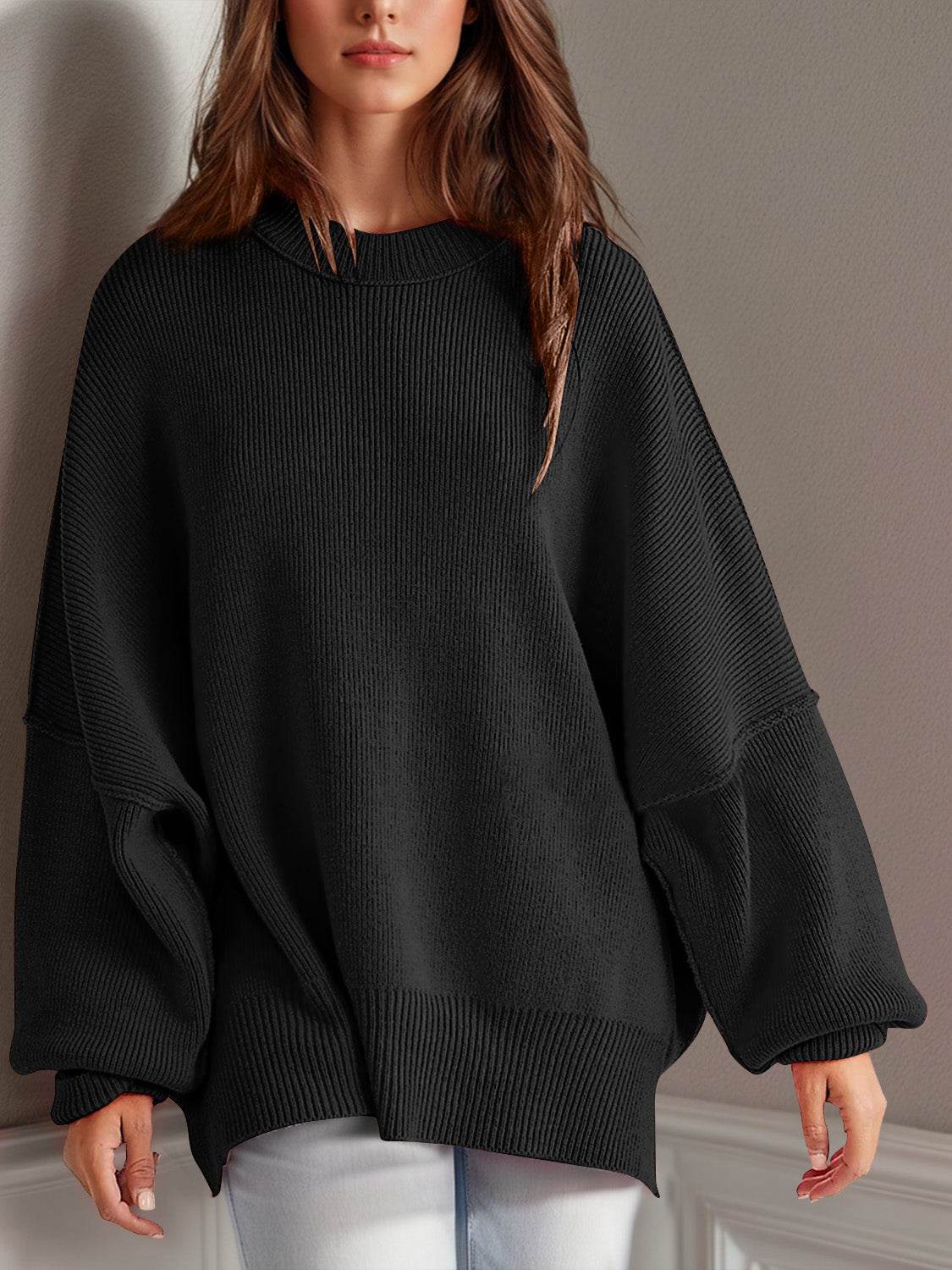 Double Take Side Slit Round Neck Long Sleeve Sweater - Hovatok