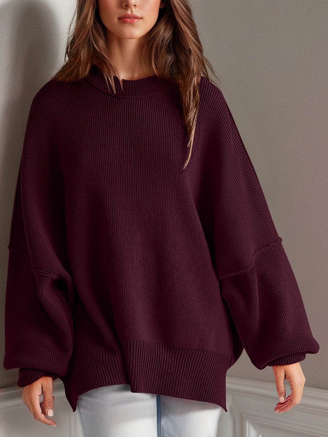 Double Take Side Slit Round Neck Long Sleeve Sweater - Hovatok