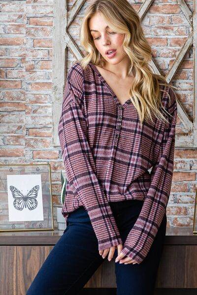 Heimish Full Size Plaid V-Neck Long Sleeve Top - Hovatok
