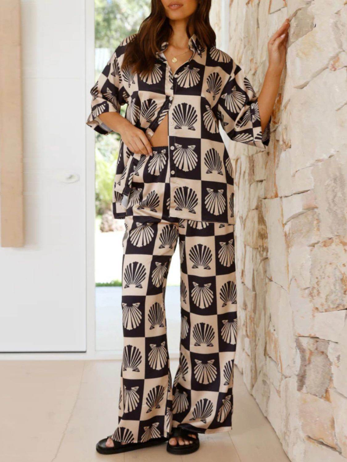 Printed Collared Neck Top and Wide Leg Pants Set - Hovatok