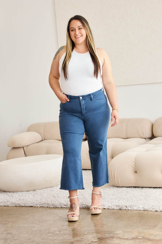 RFM Crop Chloe Full Size Tummy Control High Waist Raw Hem Jeans - Hovatok