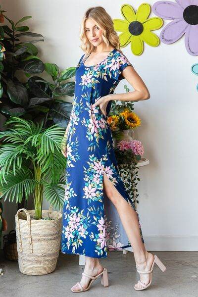 Heimish Full Size Floral Short Sleeve Slit Dress - Hovatok