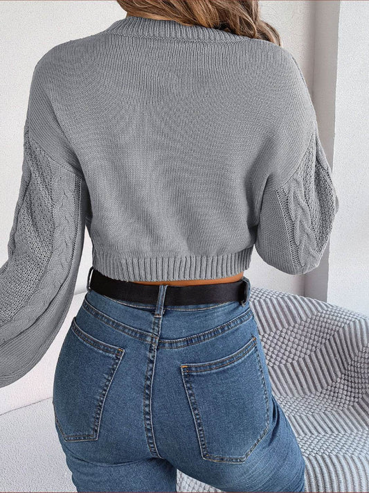 Cable-Knit Round Neck Cropped Sweater - Hovatok