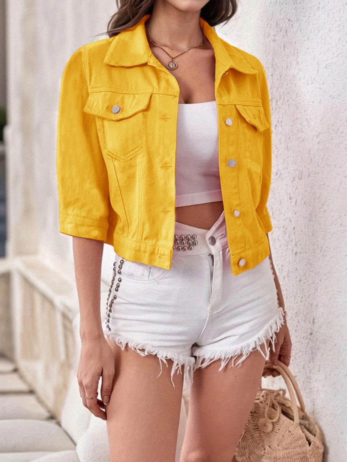 Full Size Cropped Denim Jacket Plus Size - Hovatok