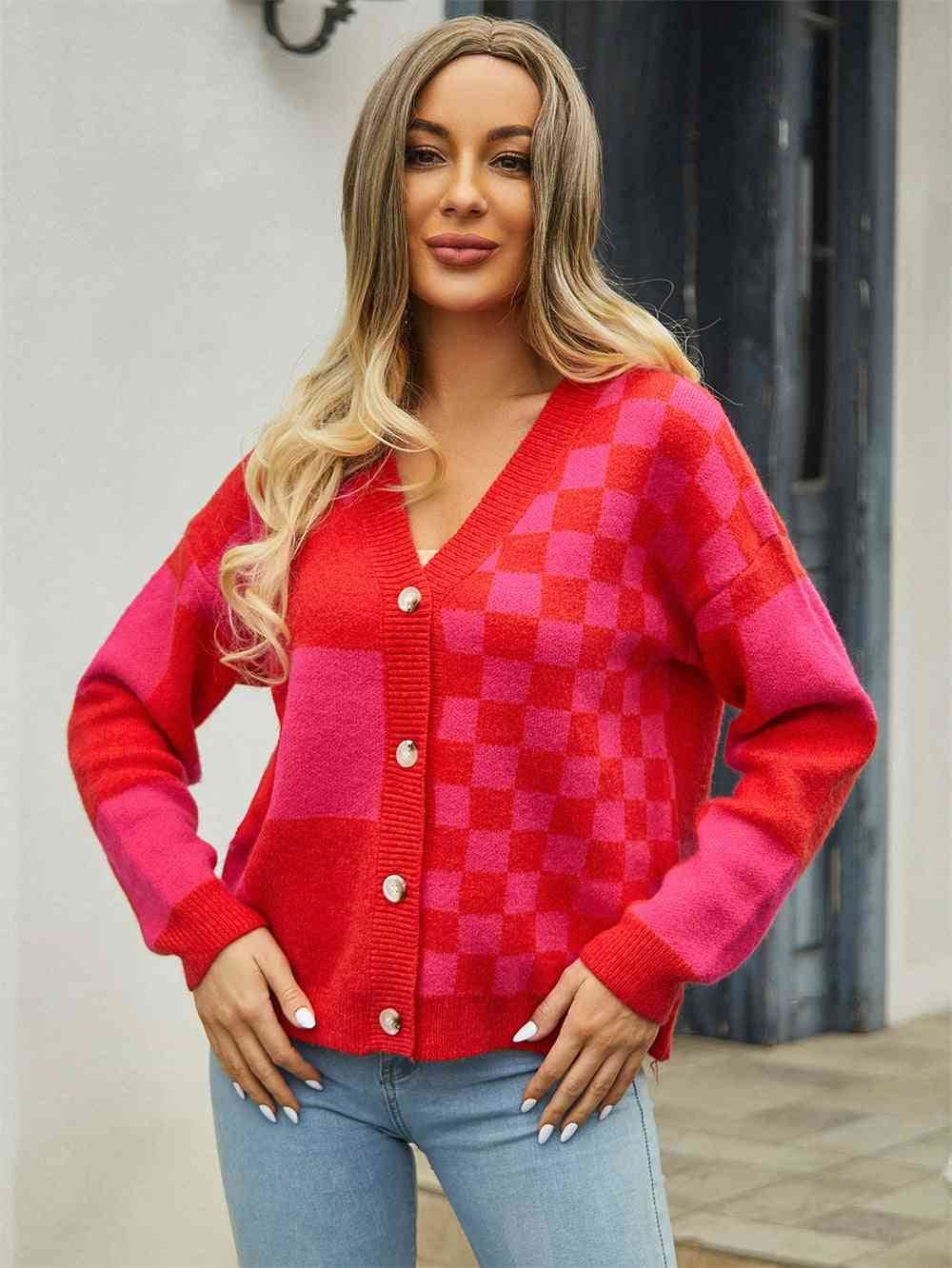 Angel Wings Plaid V-Neck Dropped Shoulder Cardigan - Hovatok