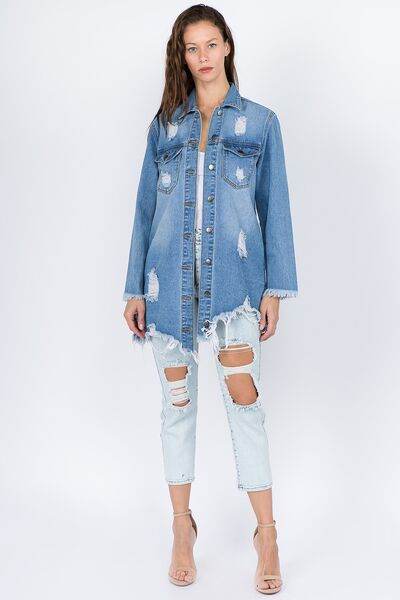 American Bazi Distressed Frayed Hem Denim Jacket - Hovatok