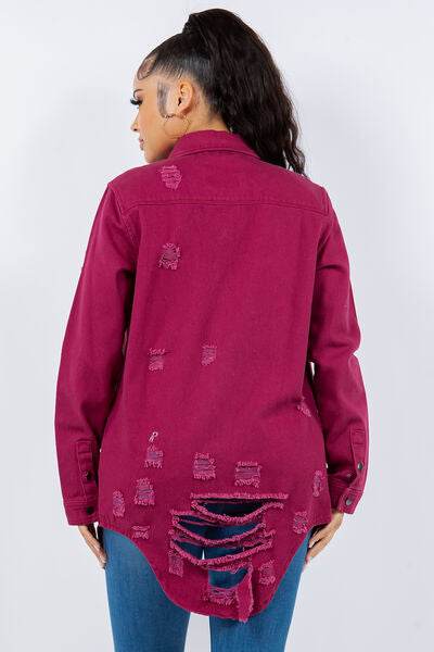 American Bazi Distressed Button Up Long Sleeve Denim Jacket - Hovatok