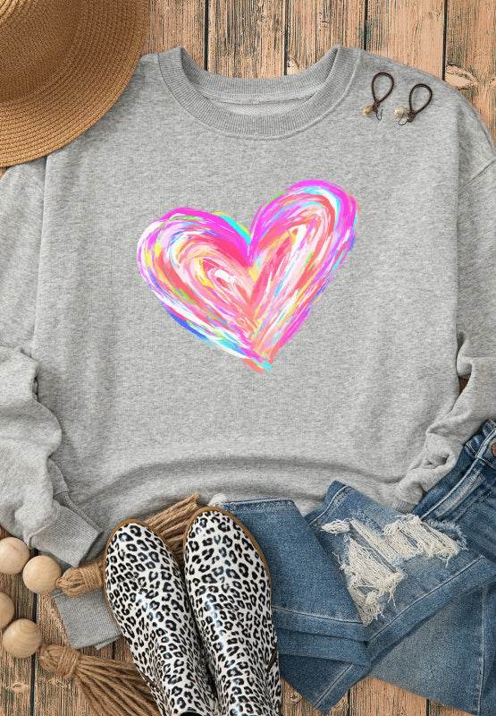 Valentine’s Day Heart Round Neck Drop Shoulder Sweatshirt - Hovatok
