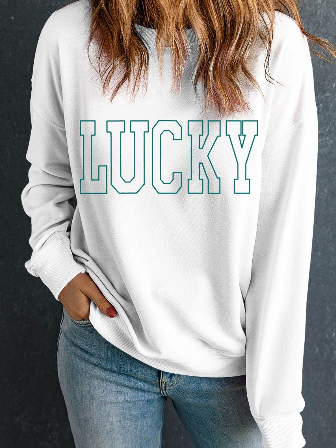 LUCKY Graphic Round Neck Long Sleeve Sweatshirt - Hovatok