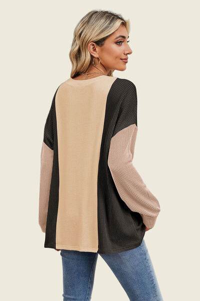 Double Take Texture Contrast Round Neck Long Sleeve T-Shirt - Hovatok