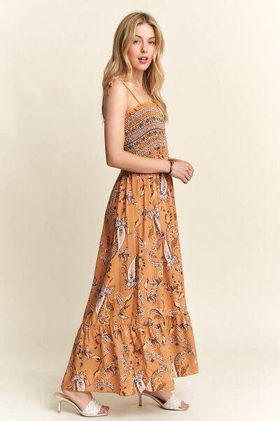 ADORA Smocked Printed Square Neck Tie Shoulder Cami Dress - Hovatok