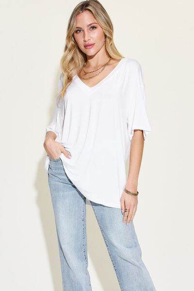Basic Bae Full Size Bamboo V-Neck Drop Shoulder T-Shirt - Hovatok