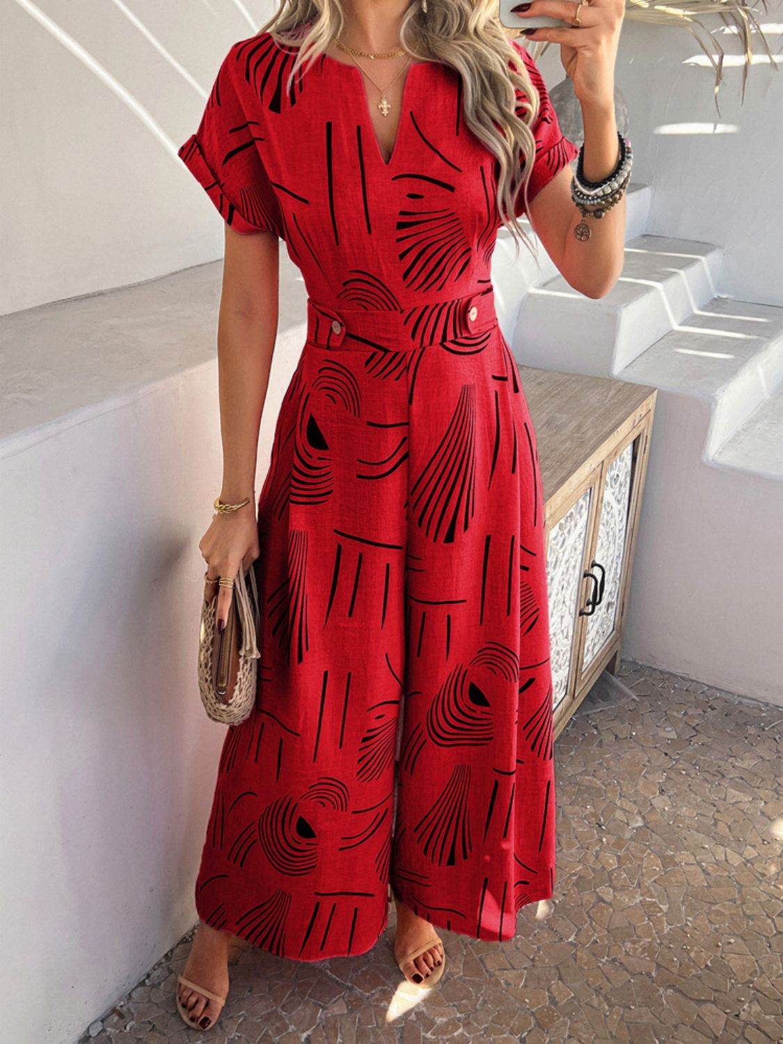 Devine Printed Notched Short Sleeve Wide Leg Jumpsuit - Hovatok