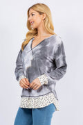 Celeste Full Size Contrast Stitching Notched Dropped Shoulder Blouse - Hovatok
