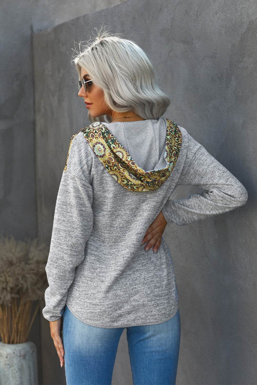 Floral Drawstring Half Snap Hoodie - Hovatok