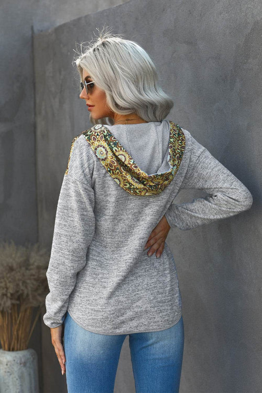 Floral Drawstring Half Snap Hoodie - Hovatok