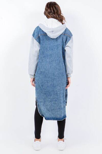 American Bazi Contrast Longline Hooded Denim Jacket - Hovatok