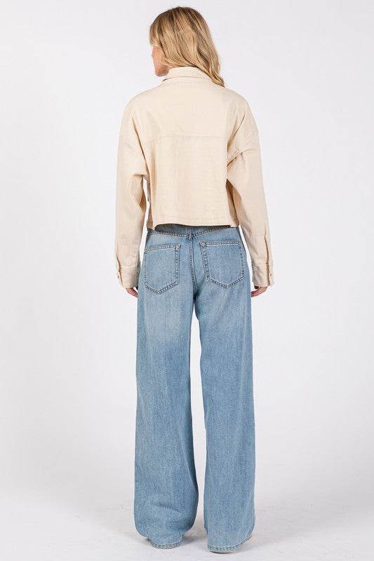 bytos Button Down Cropped Denim Jacket with Patch Pockets - Hovatok