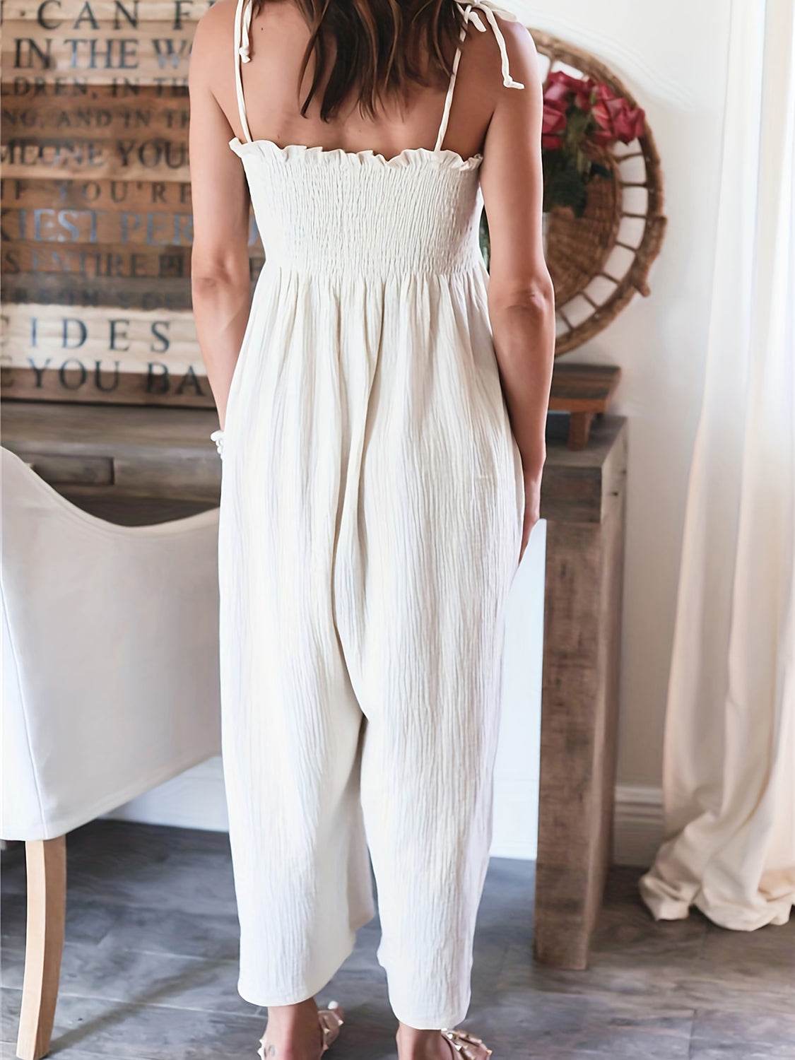 Full Size Smocked Spaghetti Strap Wide Leg Jumpsuit - Hovatok