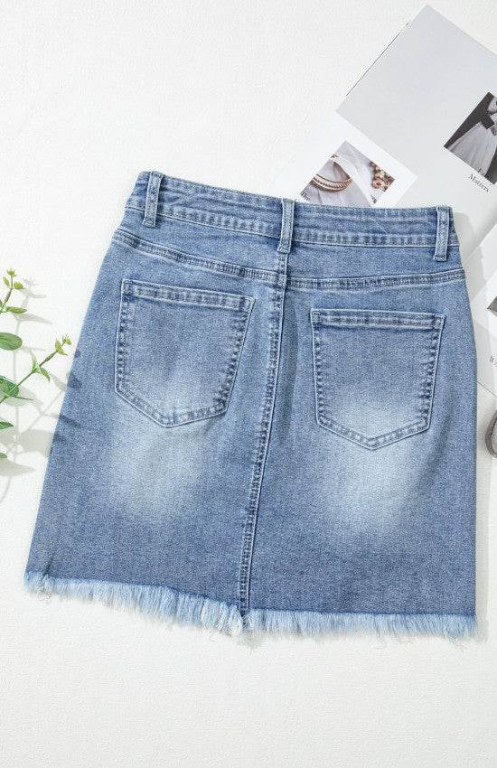 Distressed Raw Hem Heart Denim Skirt - Hovatok