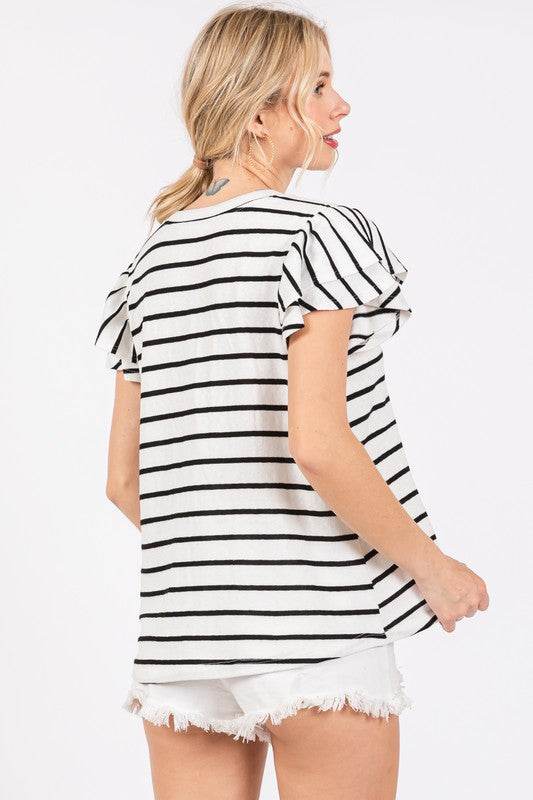 Ces Femme Ruffled Striped Round Neck Short Sleeve Blouse - Hovatok