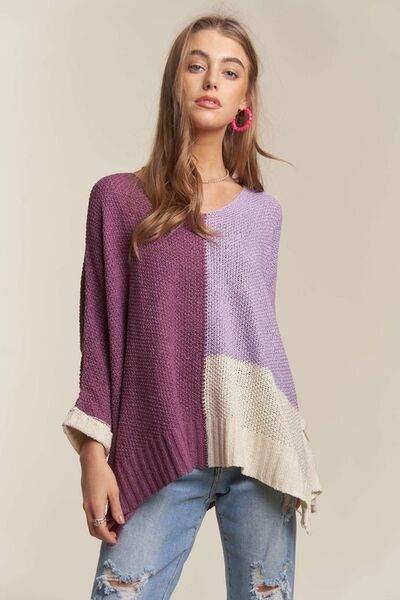ADORA Side Slit Color Block Long Sleeve Sweater - Hovatok