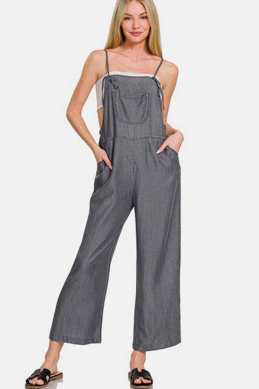 Zenana Washed Adjustable Strap Wide Leg Denim Overalls - Hovatok