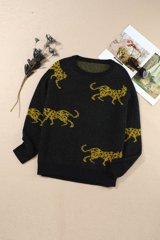 Animal Print Round Neck Sweater - Hovatok
