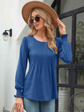 Smocked Round Neck Lantern Sleeve Blouse - Hovatok