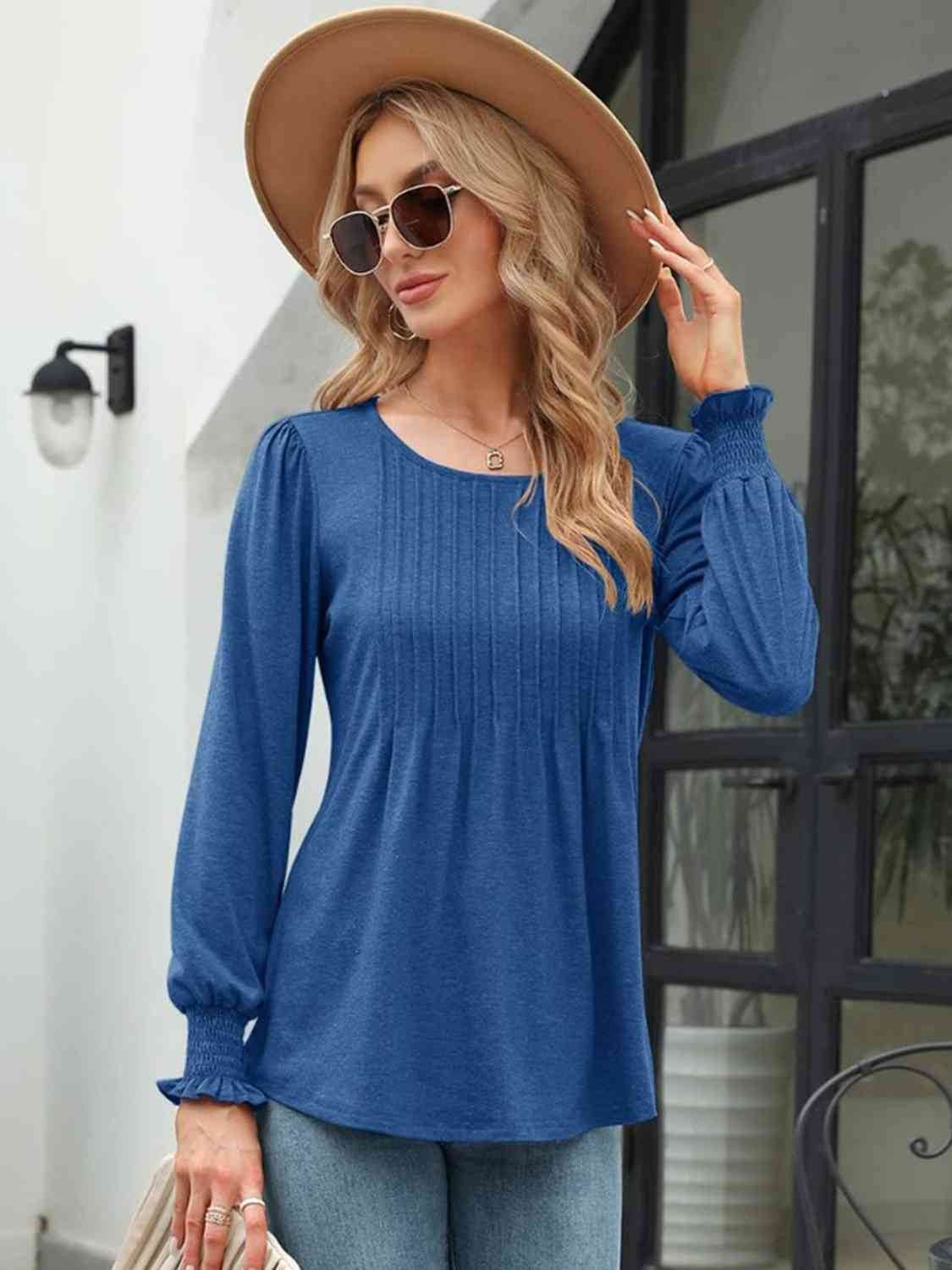 Smocked Round Neck Lantern Sleeve Blouse - Hovatok