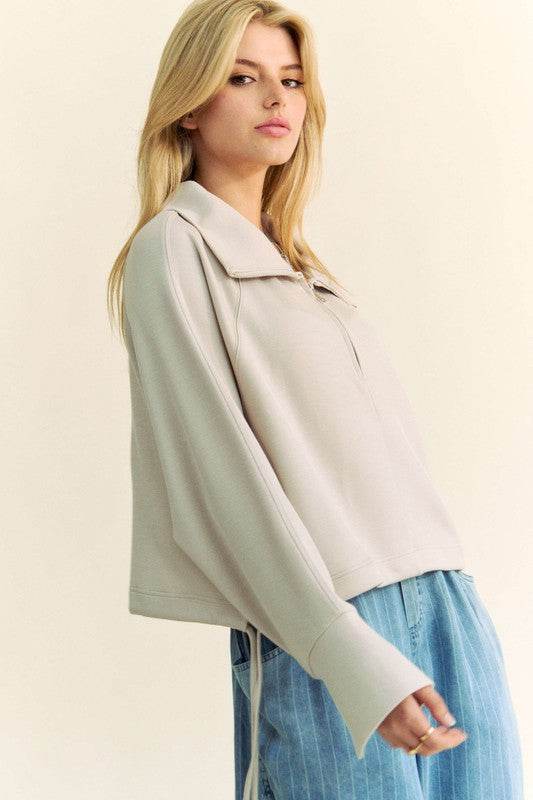 Davi & Dani Drawstring Hem Half Zip Raglan Sleeve Sweatshirt - Hovatok