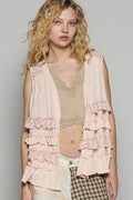 POL Ruffled Open Front Sleeveless Cardigan - Hovatok