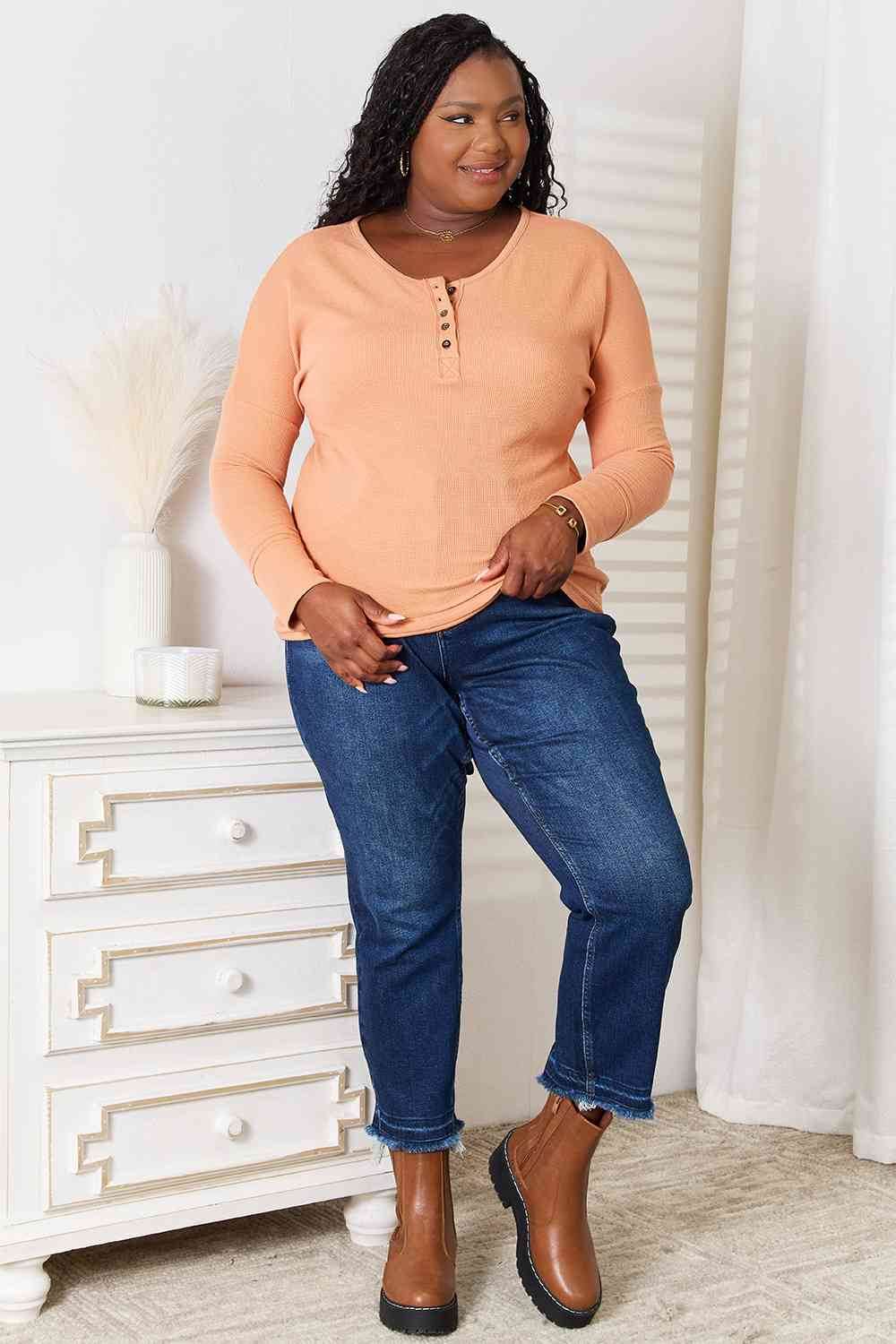 Basic Bae Half Button Long Sleeve Top - Hovatok